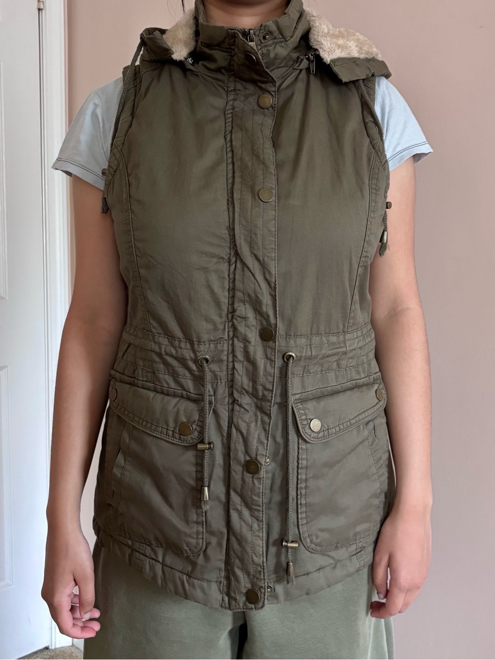 Royalty For Me Olive Utility Vest with Faux Fur Trim